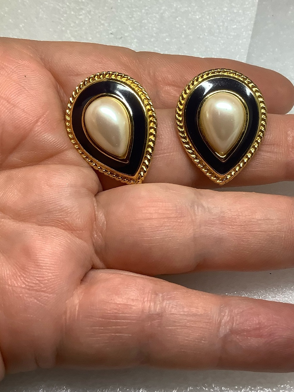 Gold plated Teardrop Faux Pearl & Black Enamel Earrings
